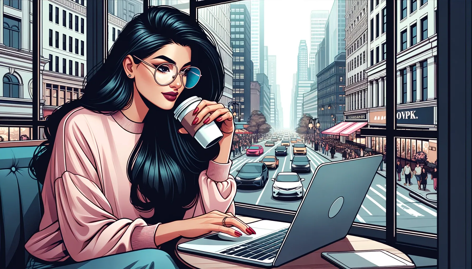 Chica Blogger tomando café escribiendo en su laptop - Paginas Web en tu Ciudad